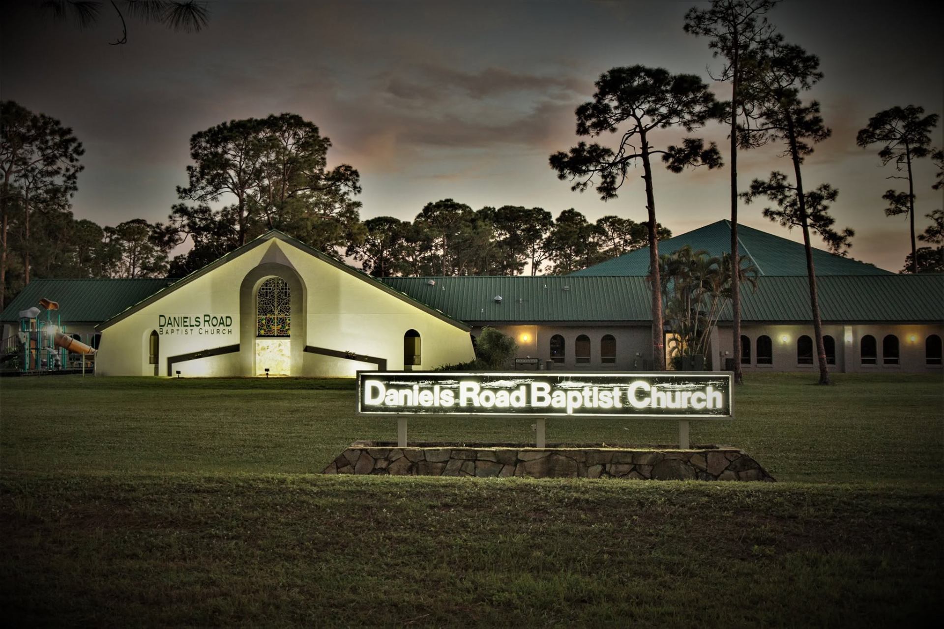 Daniels Road Baptist Church at dusk